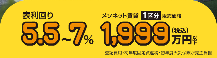 表利回り5.5〜7% メゾネット賃貸1区分 販売価格1,999万円以下（税込）